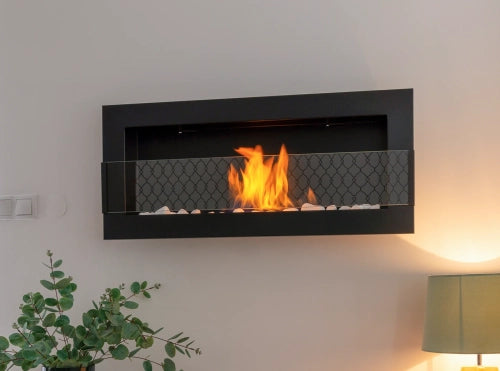 De Bio ethanol haard 900x400 met glas in zwarte structuurafwerking