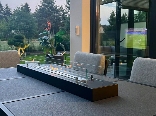 De Bio ethanol haard VRIJ 120 cm met glas