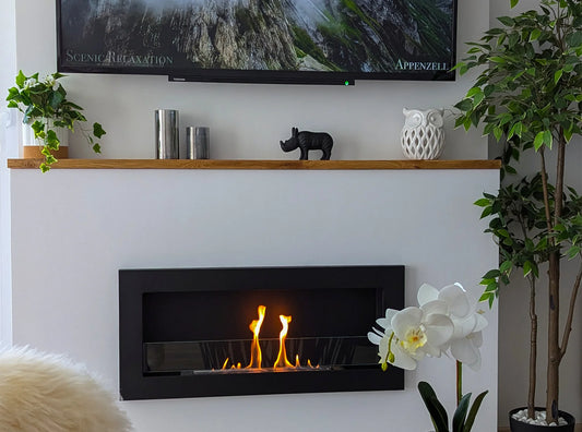 De Bio haard SLIM 900x400 met glas in zwarte structuurafwerking