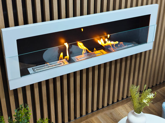 De Bio haard wit glans  1200x400 cm met glas