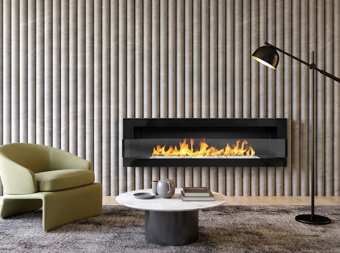 De Bio haard zwart glans  1200x400 cm met glas